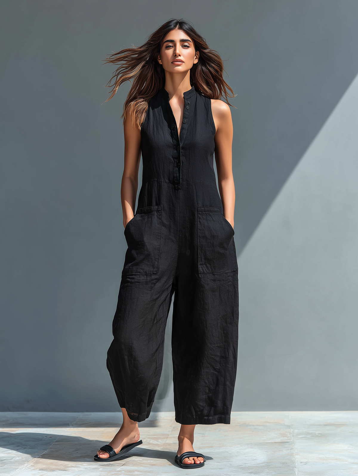 Mono holgado sin mangas para mujer, de estilo minimalista, con cuello alto y botones, confeccionado en mezcla de lino
