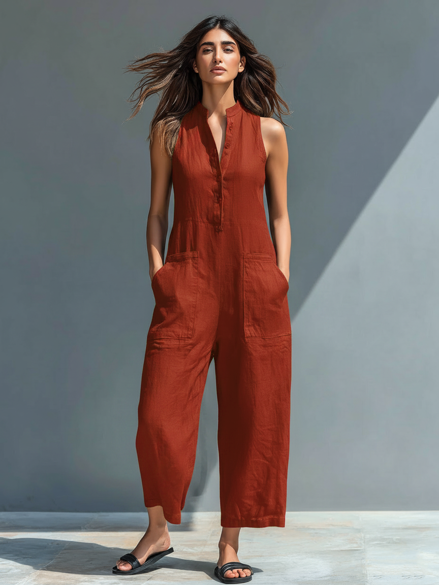 Mono holgado sin mangas para mujer, de estilo minimalista, con cuello alto y botones, confeccionado en mezcla de lino