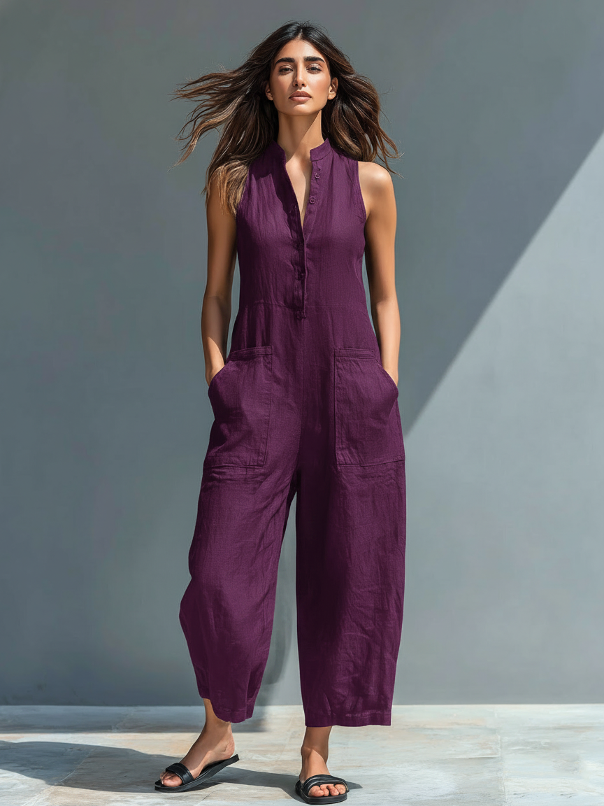 Mono holgado sin mangas para mujer, de estilo minimalista, con cuello alto y botones, confeccionado en mezcla de lino