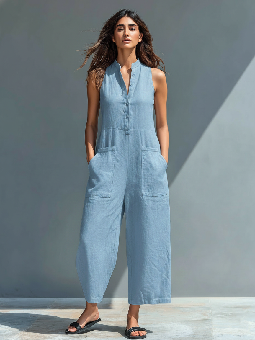 Mono holgado sin mangas para mujer, de estilo minimalista, con cuello alto y botones, confeccionado en mezcla de lino