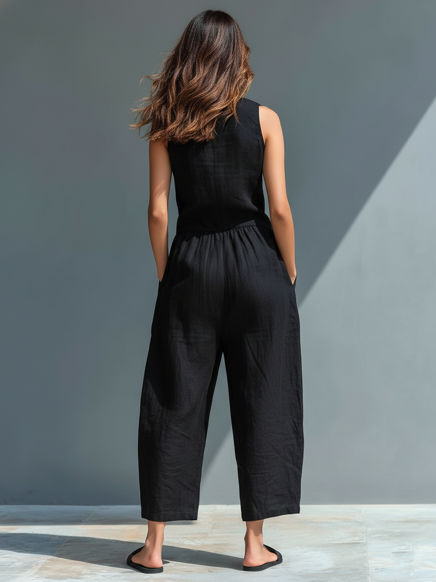 Mono holgado sin mangas para mujer, de estilo minimalista, con cuello alto y botones, confeccionado en mezcla de lino