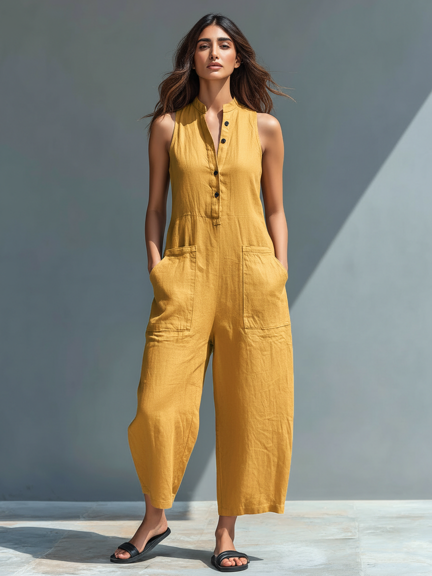 Mono holgado sin mangas para mujer, de estilo minimalista, con cuello alto y botones, confeccionado en mezcla de lino