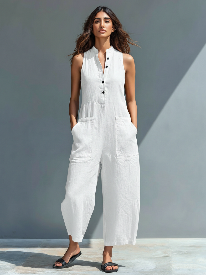 Mono holgado sin mangas para mujer, de estilo minimalista, con cuello alto y botones, confeccionado en mezcla de lino