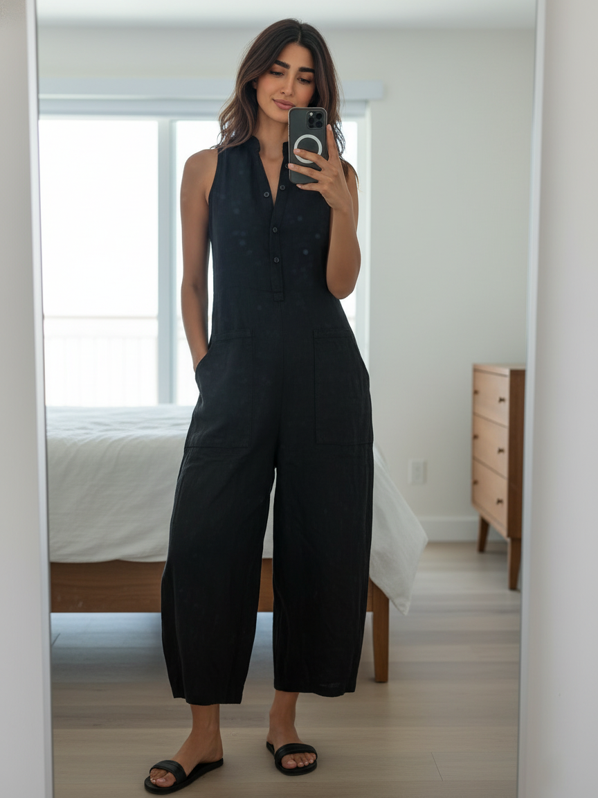 Mono holgado sin mangas para mujer, de estilo minimalista, con cuello alto y botones, confeccionado en mezcla de lino