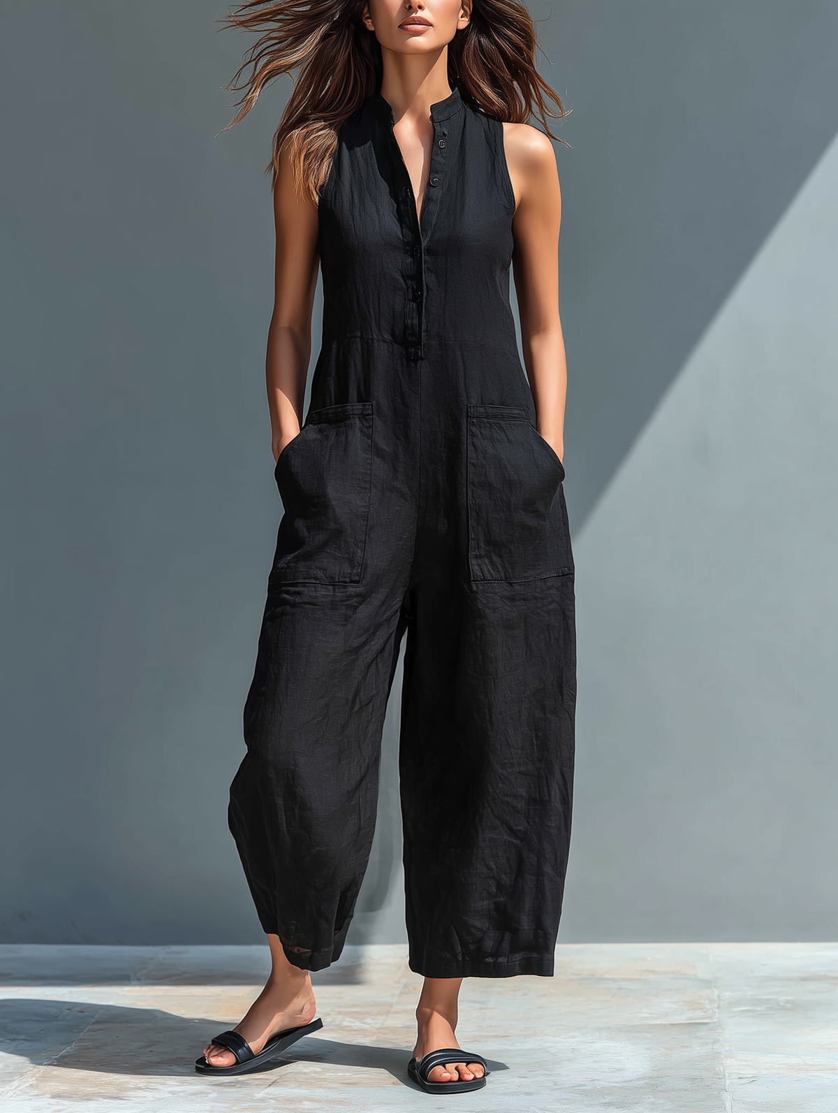 Mono holgado sin mangas para mujer, de estilo minimalista, con cuello alto y botones, confeccionado en mezcla de lino