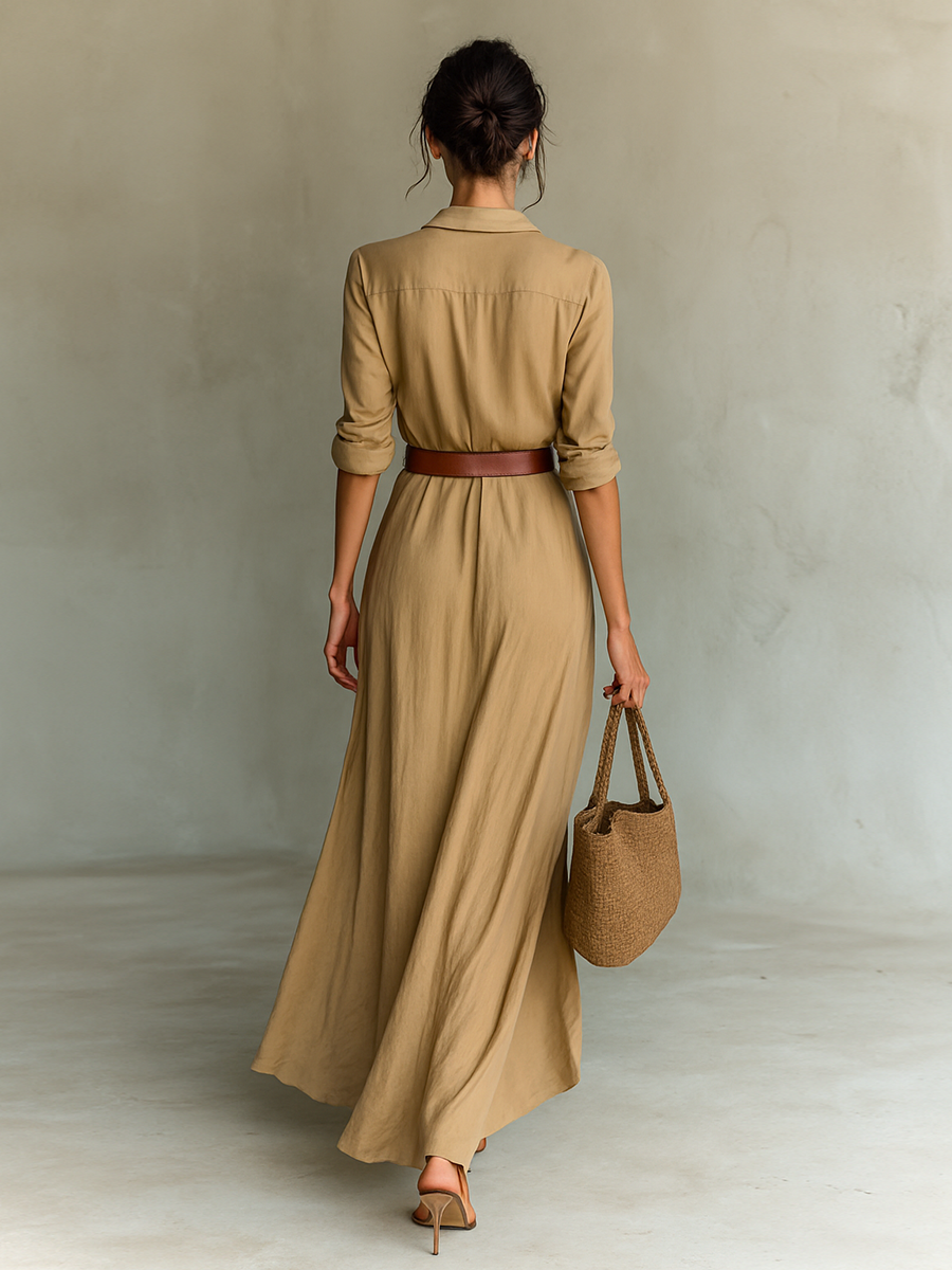 Vestido largo de manga larga con solapa, corte de un solo botonero y cinturón