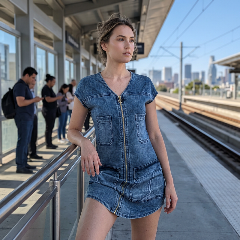 Vestido informal de manga corta y cremallera para mujer