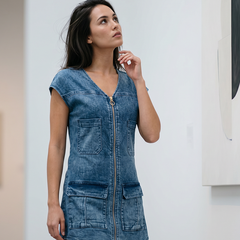Vestido informal de manga corta y cremallera para mujer