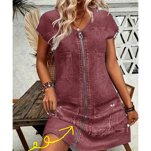 Vestido informal de manga corta y cremallera para mujer