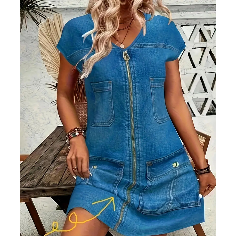 Vestido informal de manga corta y cremallera para mujer